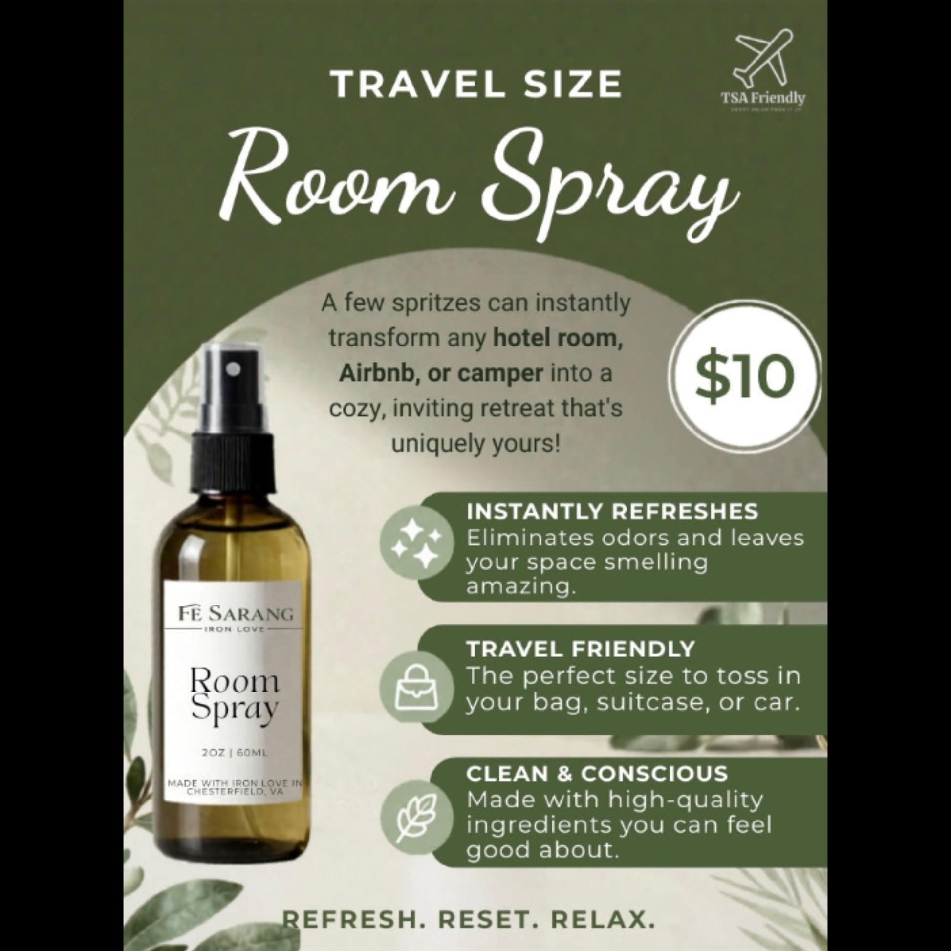 Flyer for a travel size room spray with product details and branding.